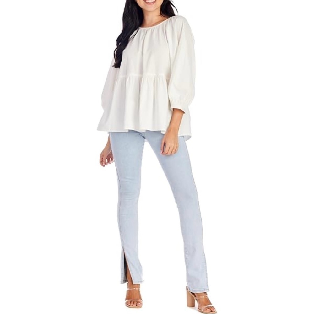 Mud pie Women's White Balloon Sleeve Blouse Bow Tie Back Size S - Picture 2 of 9